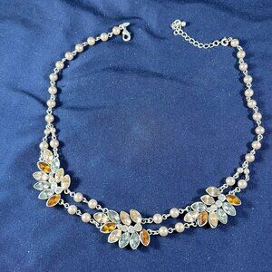 Elegant Silver-Tone Necklace With Faux Pearl Beading & Colorful Crystal Embellis